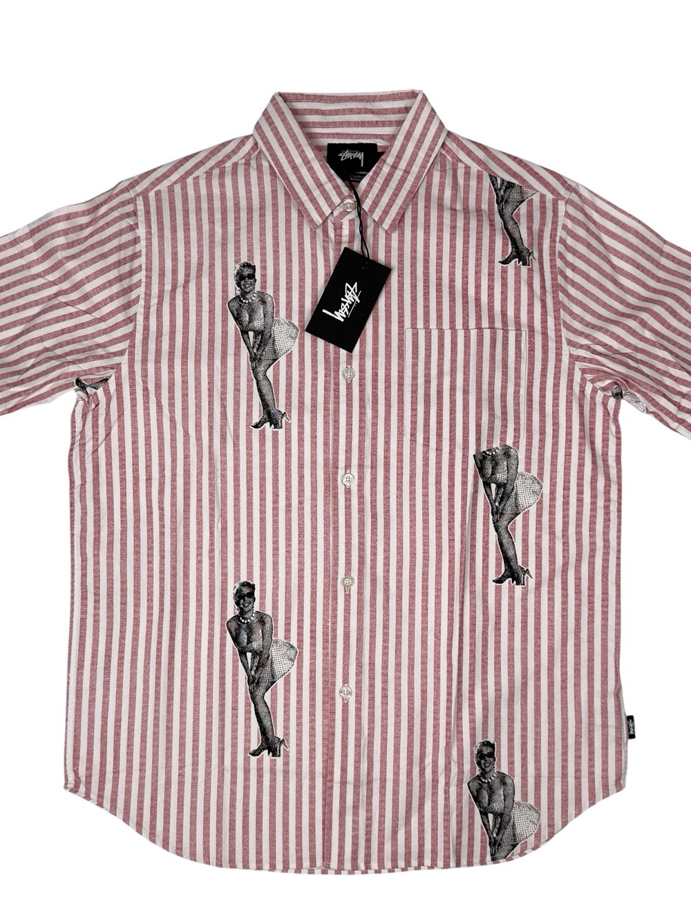 Stussy Button Down Short Sleeve Pin Up Girl Striped Shirt Mens Size S Red 2015